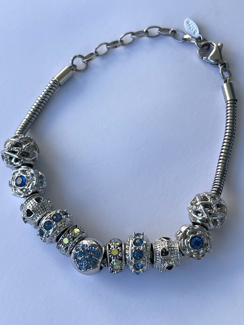 Sweetheart Bloom Charm Bracelet Silver Stainless Steel & Blue Rhinestones 6.5-8”